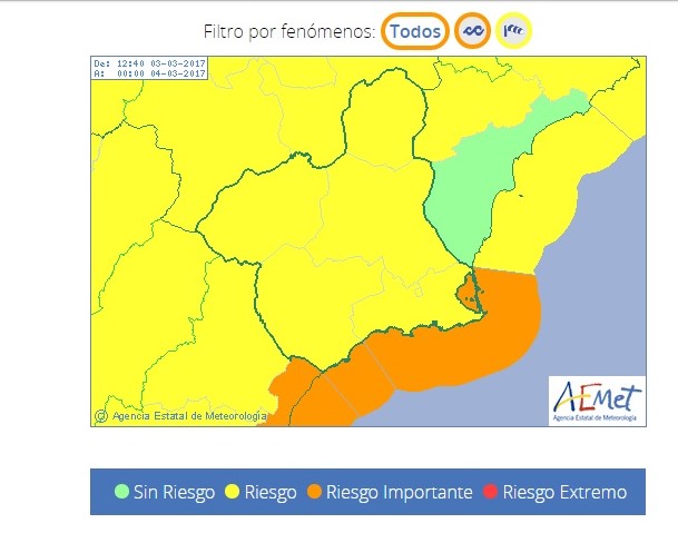 Águilas y otros municipios de la Región de Murcia en alerta naranja por fenómenos costeros 