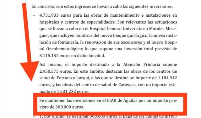 Ruiz Jódar: “Los presupuestos regionales recogen una partida de 300.000 euros para iniciar el Centro Integral de Alta Resolución de Águilas”