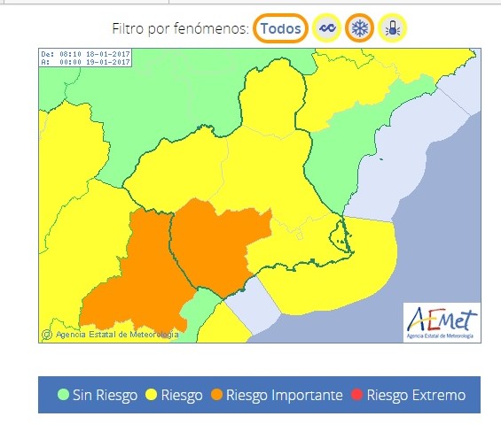 Meteorología sube a nivel naranja su aviso de fenómenos meteorológicos adversos por nieve en Águilas y en el Valle Guadalentín